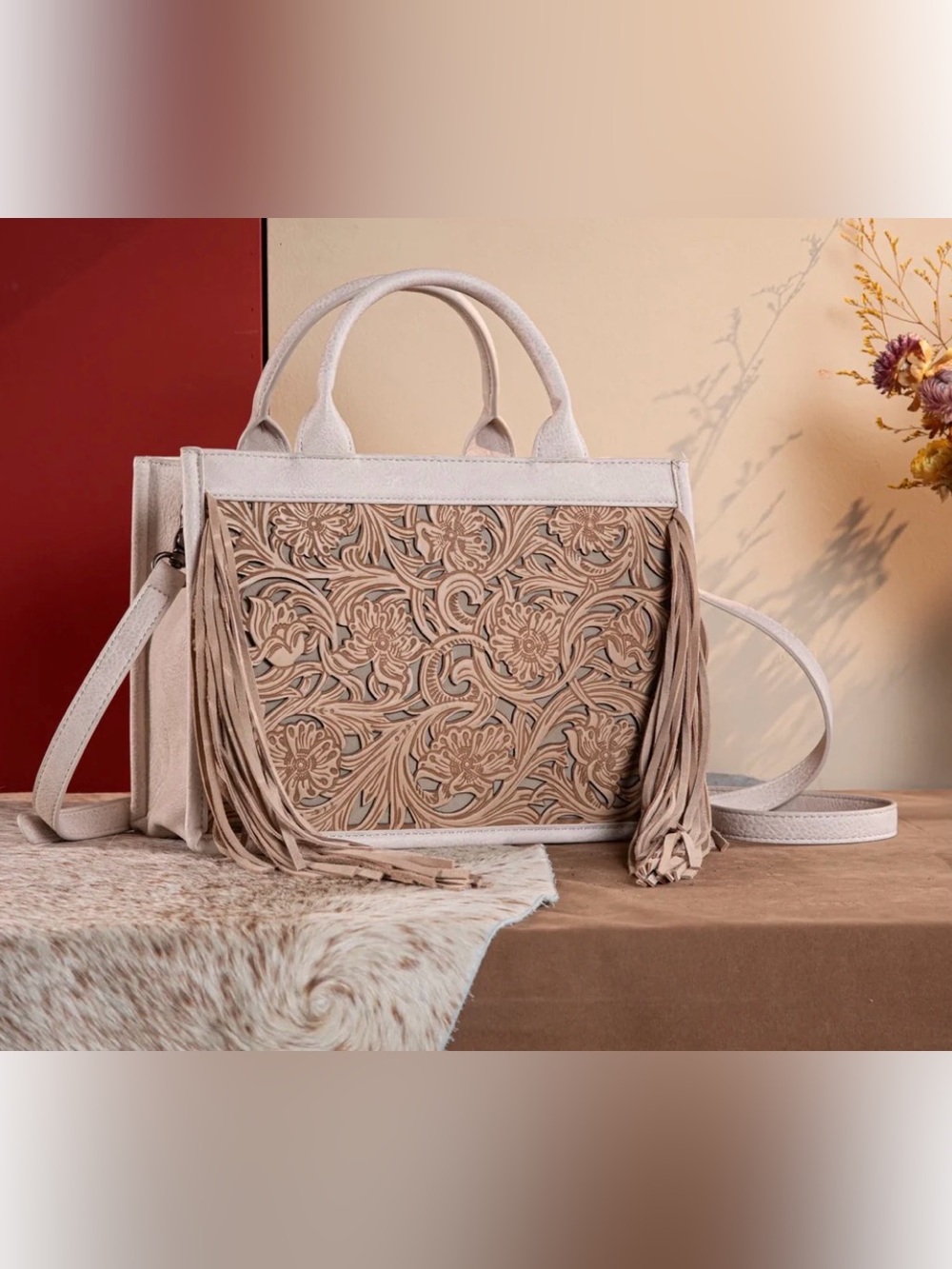 Trinity Ranch Floral Tooled Fringe Concealed Carry Tote/Crossbody - Khaki